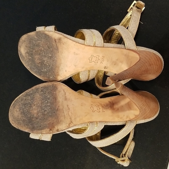 💕TORY BURCH💕 Leather Cage Sandal Heels ~ Open Toe Canvas & Gold 7.5 - Picture 13 of 14